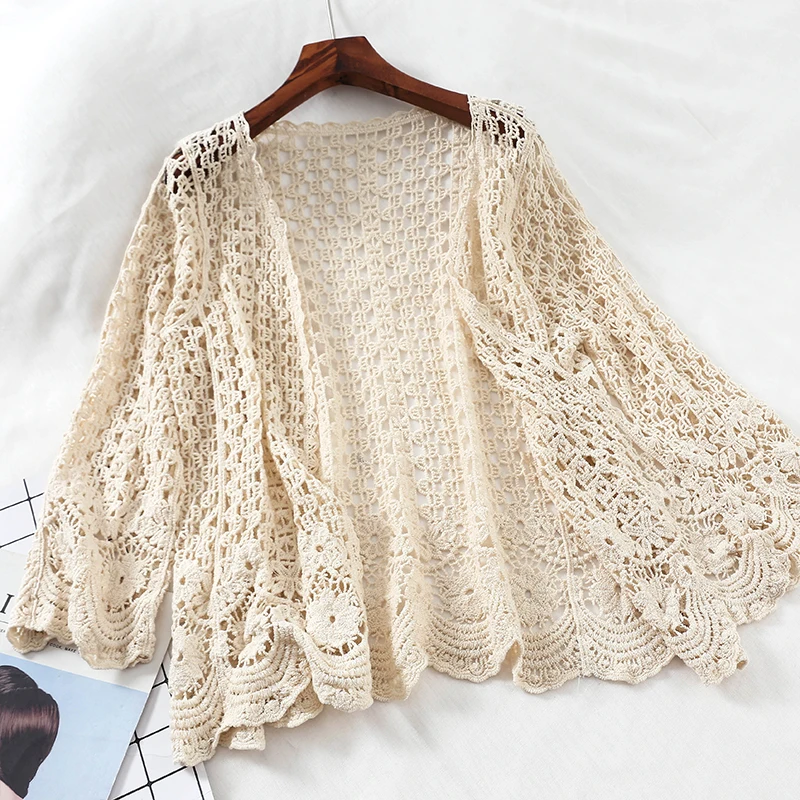 

Open Lace Cardigan Crocheted Hollow Out Shrug Female Casual White Flower Floral Open Stitch Women Sweater Loose Knitted Outwear