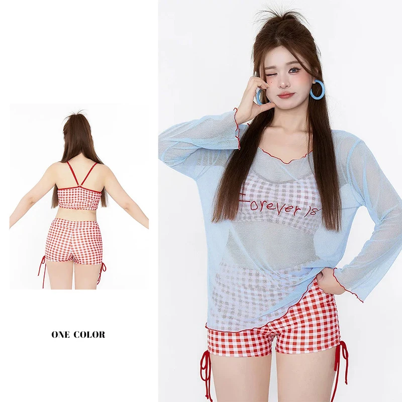 Retro Plaid Plus-size Women's Split Swimsuit Three-piece Set Sun Protection Long-sleeved Mesh Top Swimwear