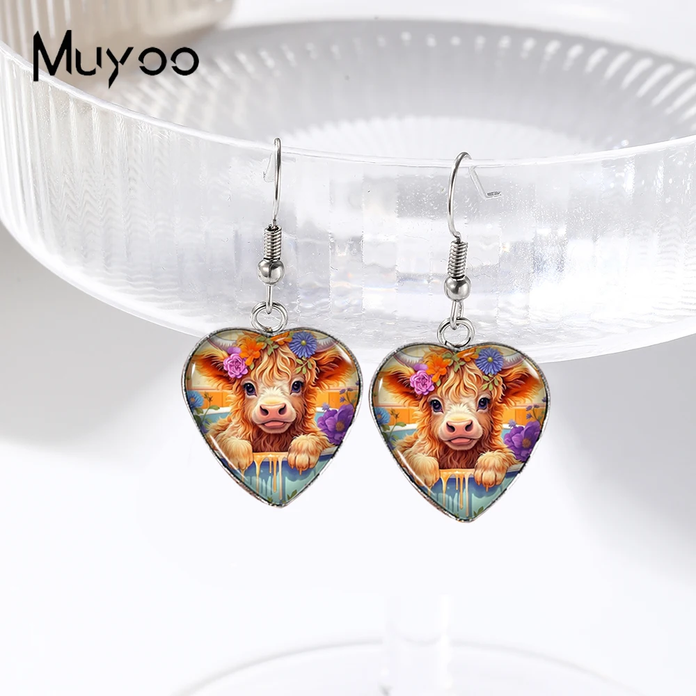 2025 New Arrival Highland Cow Sitting in the Bathtub Heart Fish Hook Earring Handmade Stainless Steel Dangle Earrings