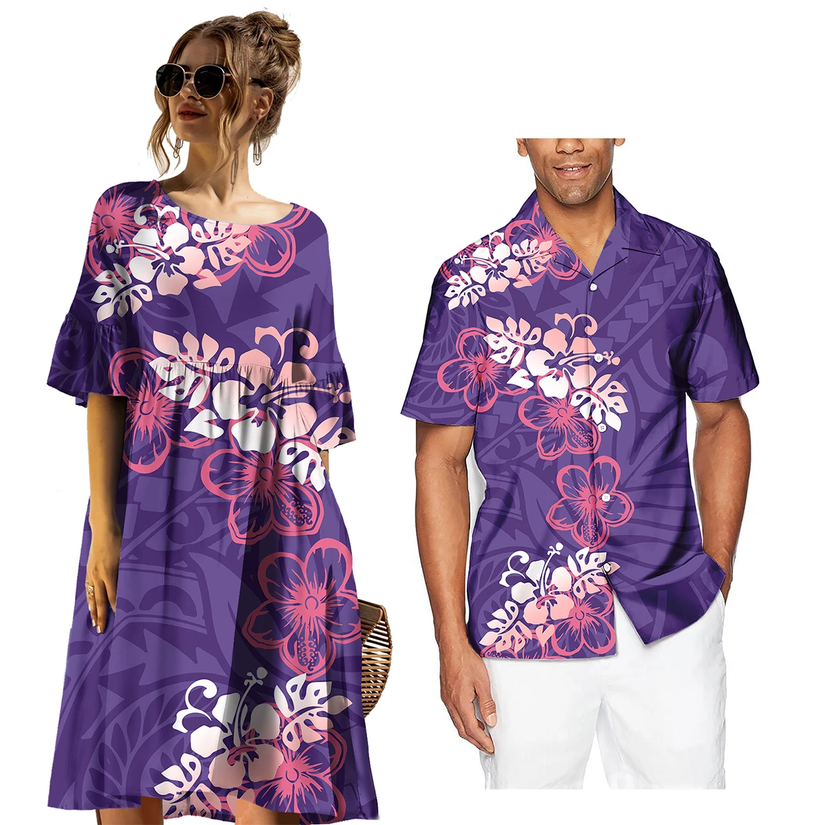 Plus Size Custom Matching Couple Outfits Pacific Island Tribal Casual Women's Dress And Aloha Shirts Men Polynesian Couple Sets