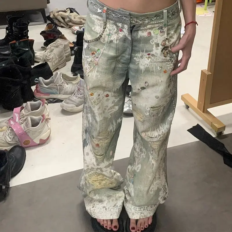 

2025 American straight trousers trousers retro old graffiti 3D printed jeans men and women ins high street hip hop street wear