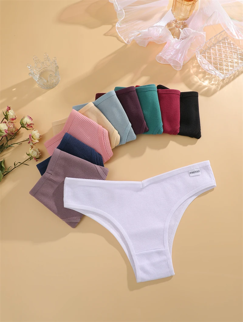 FINETOO 4-teiliges Set Baumwoll-Waffel-Unterhosen im Brasilianischen Stil, Sexy Tiefsitzende Komfortable Unterwäsche, Einfarbige Dehnbare Slips Lingerie – Detail 9