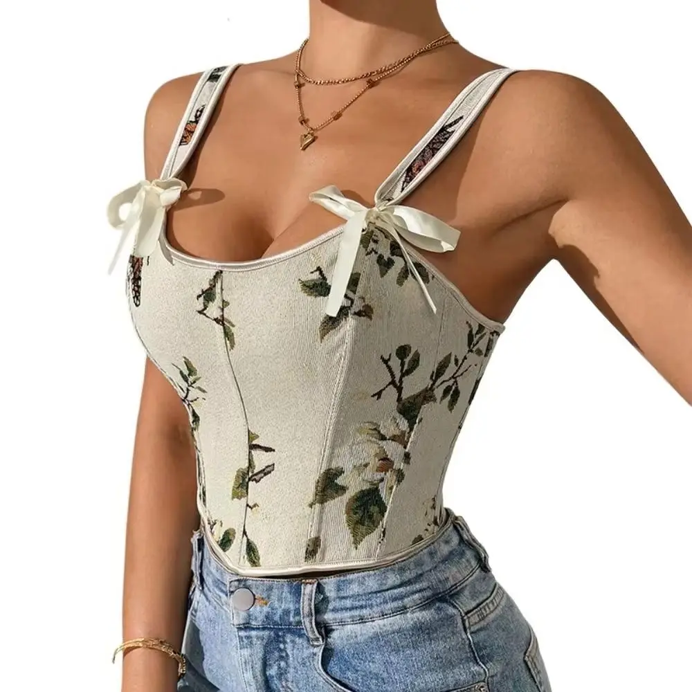 Floral Print Sexy Strap Bra Top Vintage Corset Retro Vest Style Double Strap Sling Chest Support Body Shapewear for Women