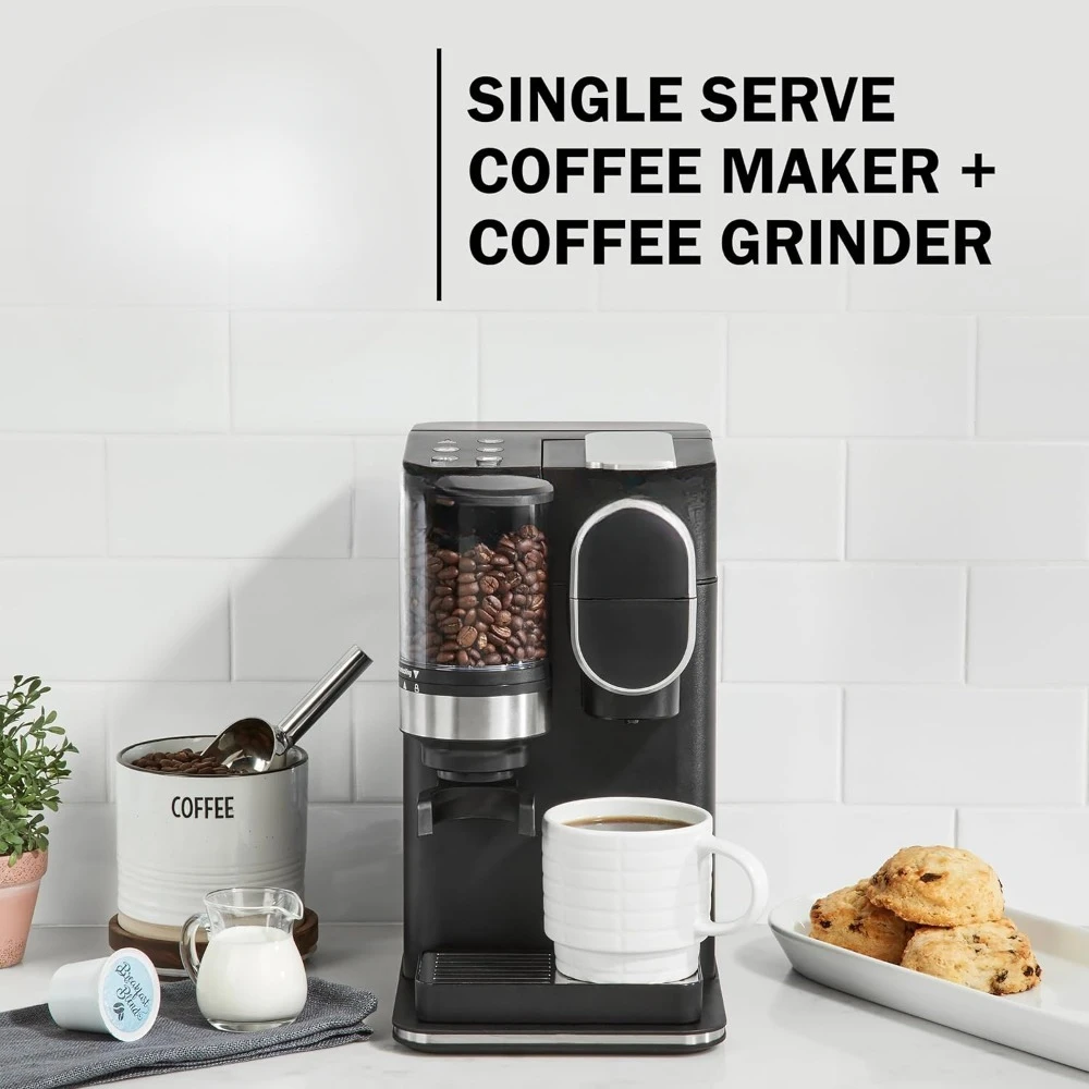 Single Serve Coffee Maker + Grinder, 48-Ounce Removable Reservoir, Black