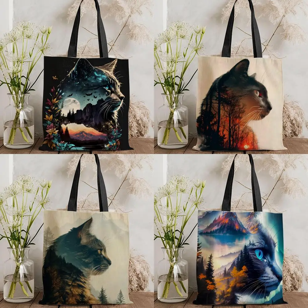 Cat And Mountain Landscape Storage Bags Canvas Double-Sided Print Tote Bag Large Capacity Shoulder Fashion Shopping Handbag