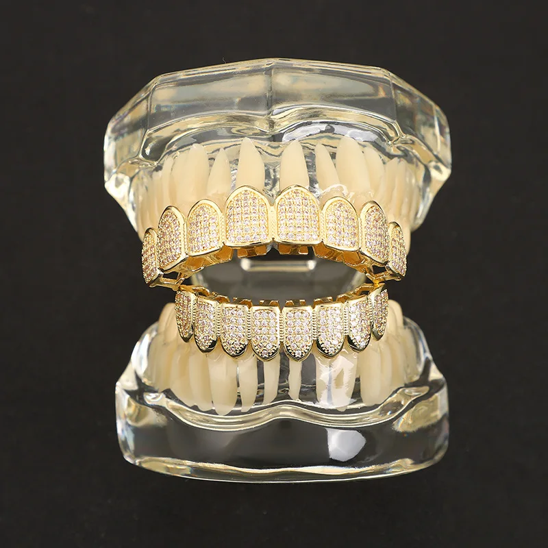 HipHop CZ 8 Teeth Set For Unisex Top Bottom Mouth Gold Silver Color Teeth Tooth Cap Removable Dental Fashion Jewelry