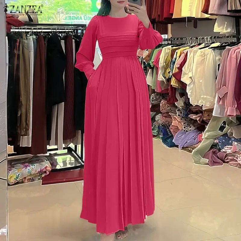 ZANZEA Mode Lange Mouw Jurken Vrouwen Geplooide Elegante Partij Vestidos 2026 Herfst Lente Casual Solid Losse Maxi Gewaad