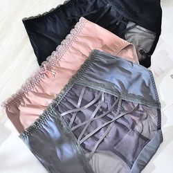 Women's High Panties Large Size Milk Silk Sexy Lace Thin Transparent Mesh Panties with High Waist Plus Size Underwear Women