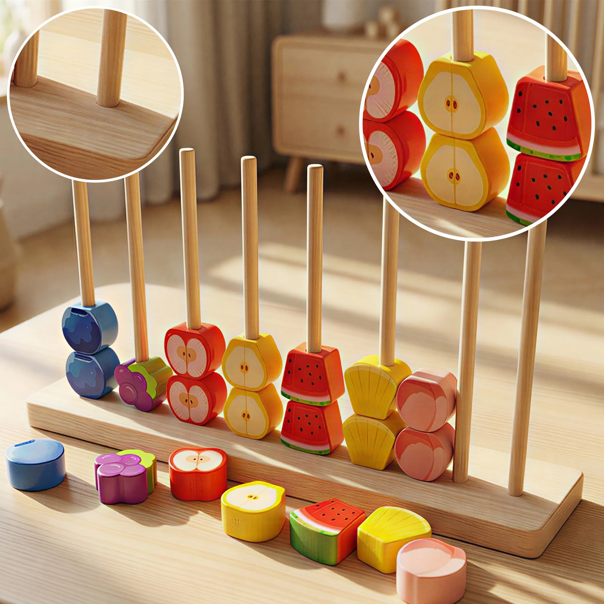 Brinquedo de empilhamento de frutas de madeira, inclui blocos de frutas fofas e de maçã, melancia, uvas e abacaxi, com uma coluna de uso duplo, para combinar com as cores