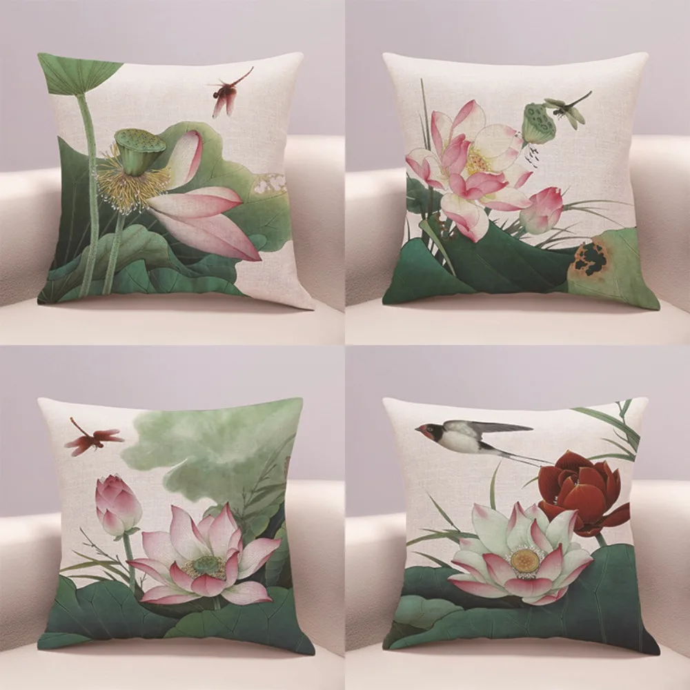 Oriental Floral Art Throw Pillow Covers, Detailed Lotus & Dragonfly Print Cushion Cases, Calming Zen Decor for Sofa Bedroom