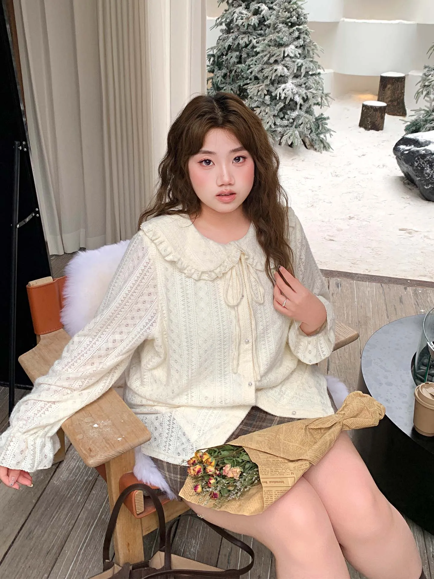 

YUZI Sweet Sle Knitted Lace Open Cardigan Loose Long Sve Doll Collar Knot Inner Wear Top plus Size Women's Clo...