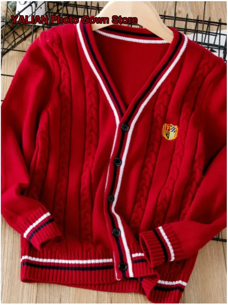 Kids Preppy Style Uniform Pure Cotton Knit Wool Infant Primary School Boys Girls Spring Autumn