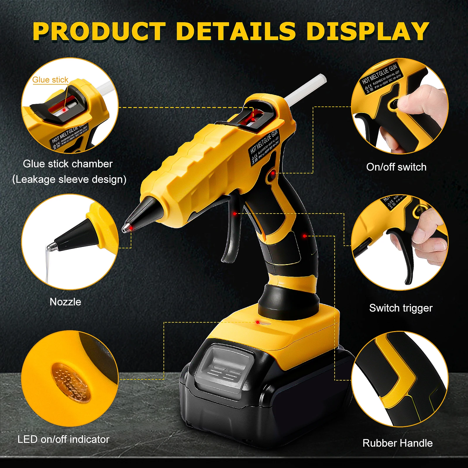 RexLeLXB 50W Cordless Hot Glue Gun Handheld Quick Heating Hot Melt Glue Gun with 30pcs 7mm Sticks for Dewalt 20V Battery Pin