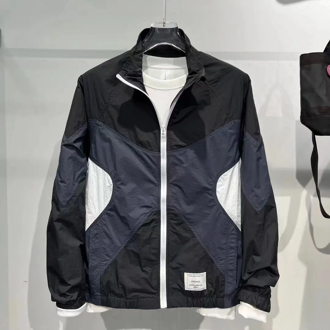 Summer New Ice Silk Sun Protection Stand-up Collar Thin Style Personality Color Collision Men Sports Coat Splice