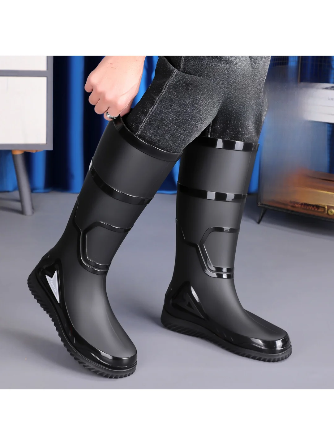 Men's High Rain Boots Waterproof Anti Slip Worksite Boots Large Size Outdoor Wear Washable Rubber Shoes Cow Tendon Sole