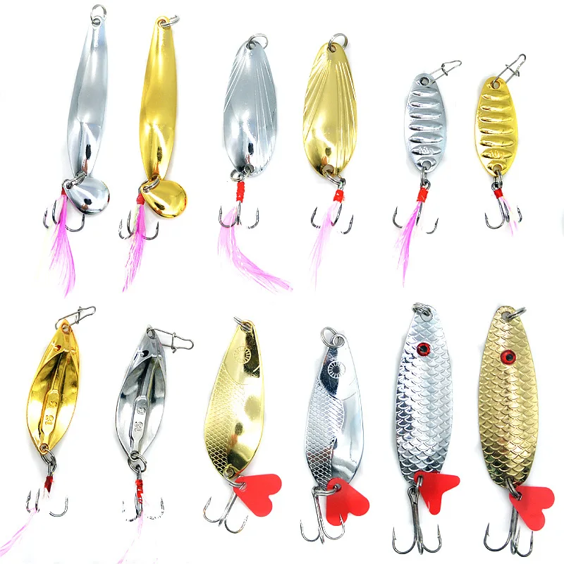 Fishing Spoon Lure Metal Salix Leaf Shape 5-15g Water Wave Shell Spoons Treble Hook with Crystal Feather Hard Bait Lot 2 Pieces