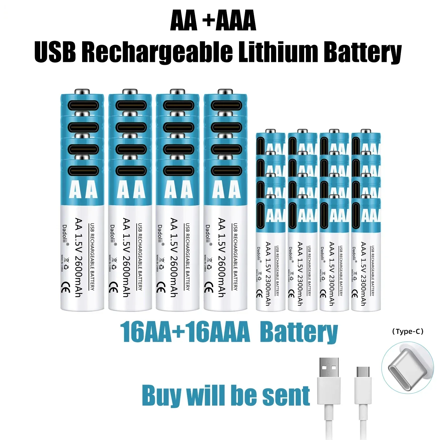 Batería recargable de iones de litio, pila AA, AAA, 2024 V, 1,5 mAh, 2600 V, carga rápida por USB