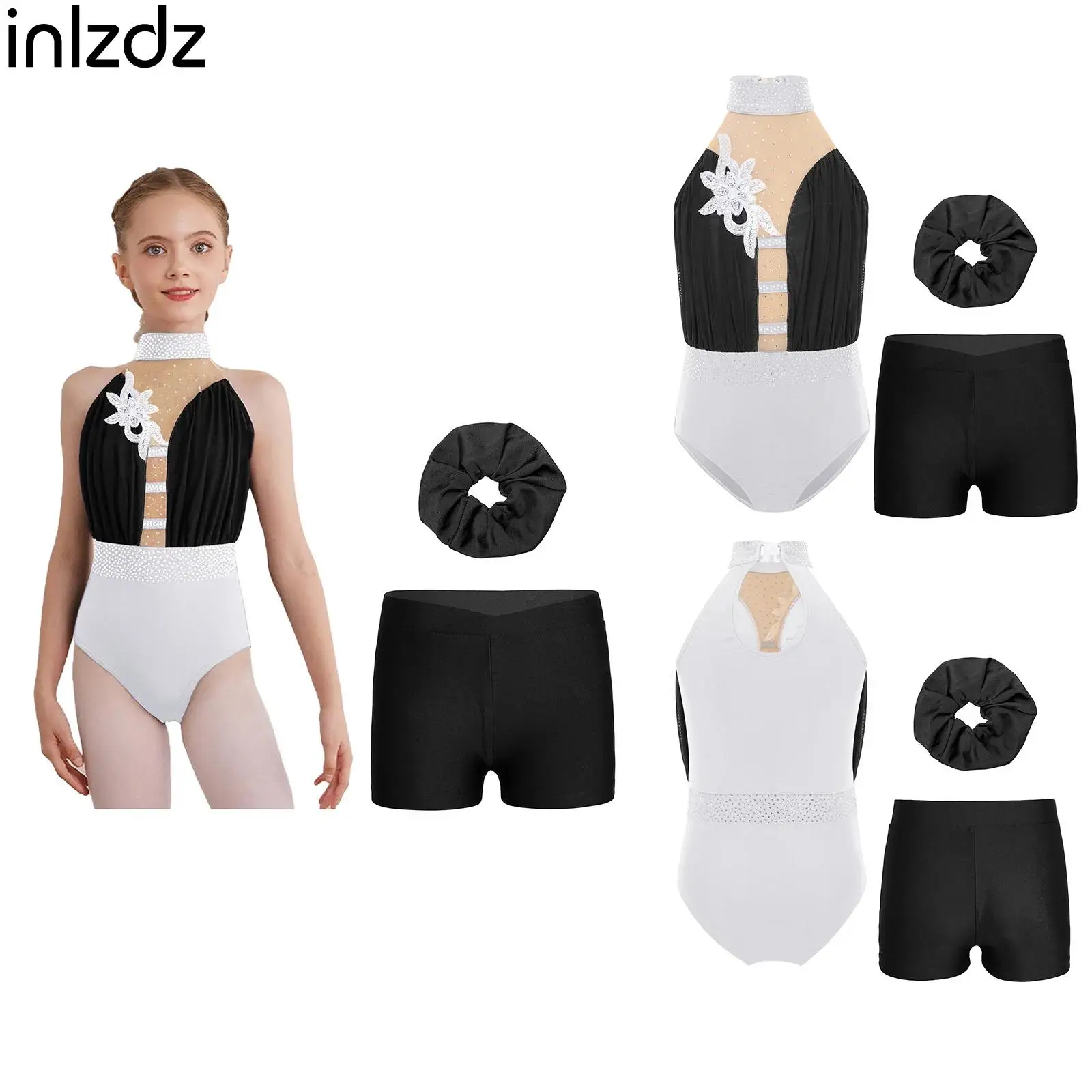 

Ballet Dance Sets for Girls Kids Stage Performance Dancewear Sleeveless Applique Rhythmic Gymnastics Leotard+Shorts+Hairband Set