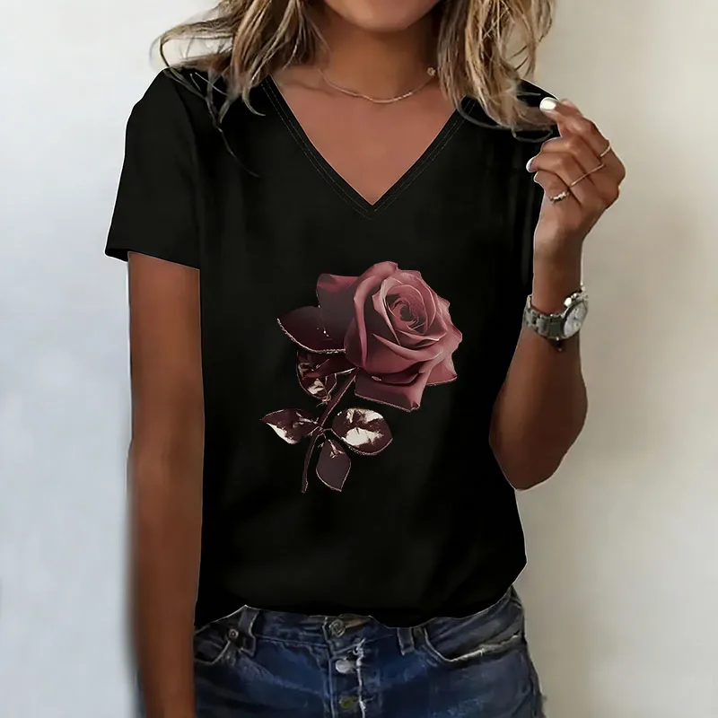 Vintage T-shirt V Neck Casual Fashion Rose Floral Printed T Shirts Women Short Sleeve Tee Shirt V-Neck Summer Spring