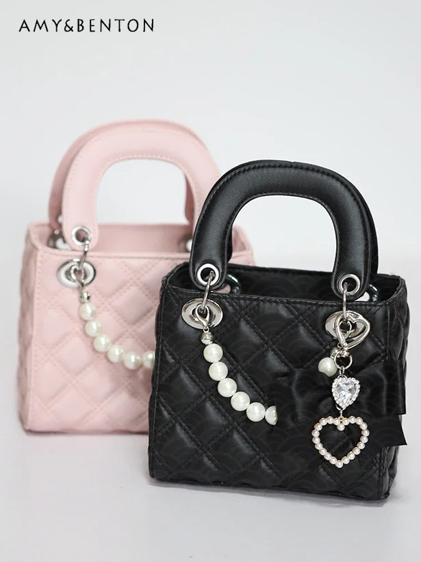 

Japanese Mine Mass-Produced Handmade Bag Sweet Bow Heart Rhinestone Pearl Pendant Cute Bags for Women Lolita Handbag Mini Bag