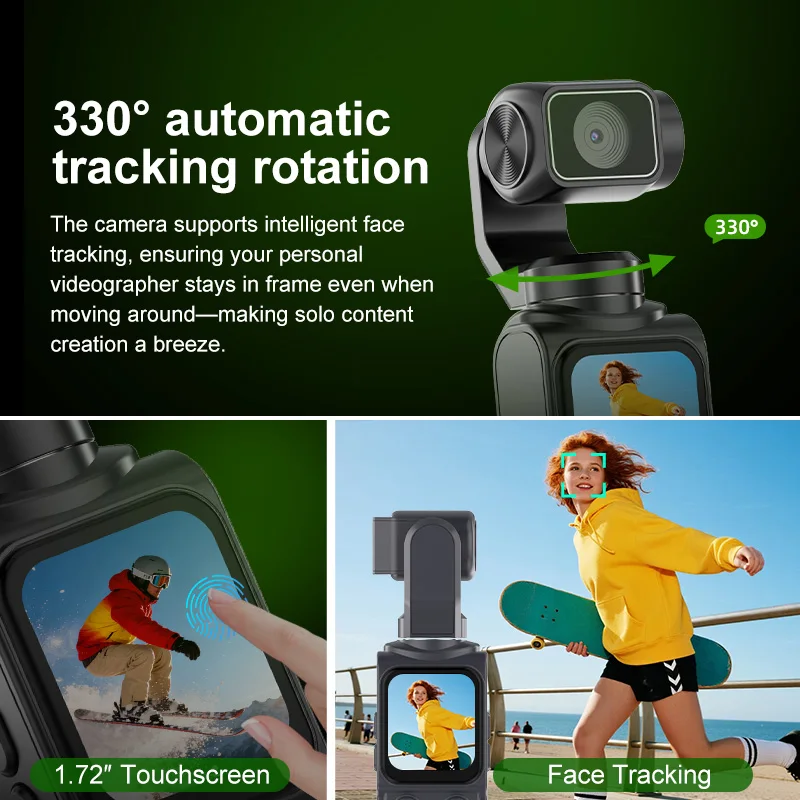 4K 브이로그 액션 카메라 330 ° 얼굴 추적 기능 18배 줌 2400mAh 배터리 짐벌 스테빌라이저 1.72인치 터치스크린 WiFi 스포츠 카메라