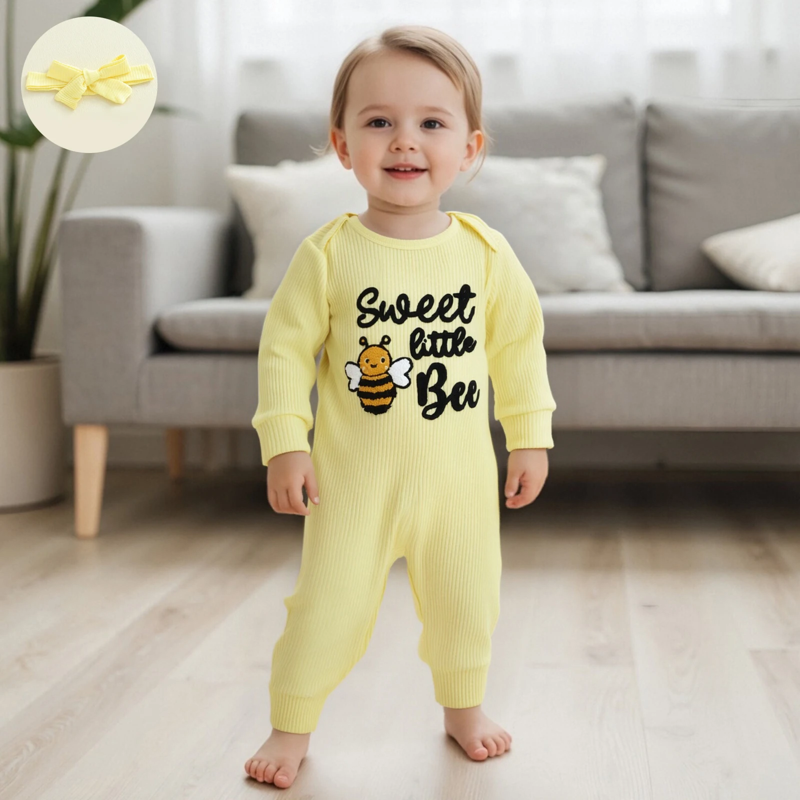 2026 جديد طفل رضيع الفتيات الخريف رومبير النحل إلكتروني التطريز طويلة الأكمام جولة الرقبة بذلة مع مجموعة عصابات رأس