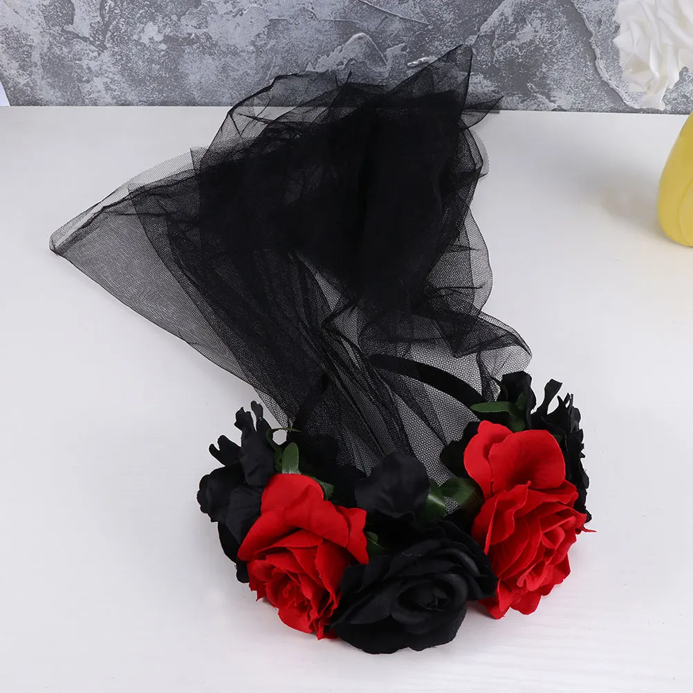

3pcs Rose Headb Halloween Masquerade Party Headwear Fake Flower Cosplay Hair Clasp Fabric Veil Hoops Roses Stage Performance