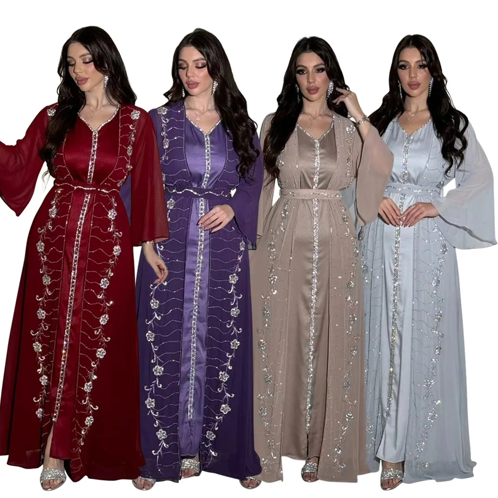 New Dubai Morocco Party Dress Women Muslim Abaya Diamond Ramadan Chiffon Kaftan Robe Turkey Gown 2PCS Set Jalabiya Gown Vestidos