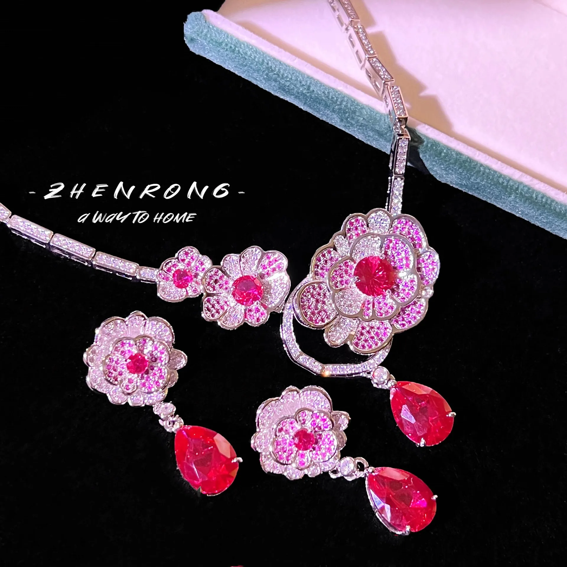 

Trendy Exquisite Pink Flower Zircon Designer Wedding Jewelry Sets Necklace Earrings Sterling Silver 925 Banquet Valentines Gift