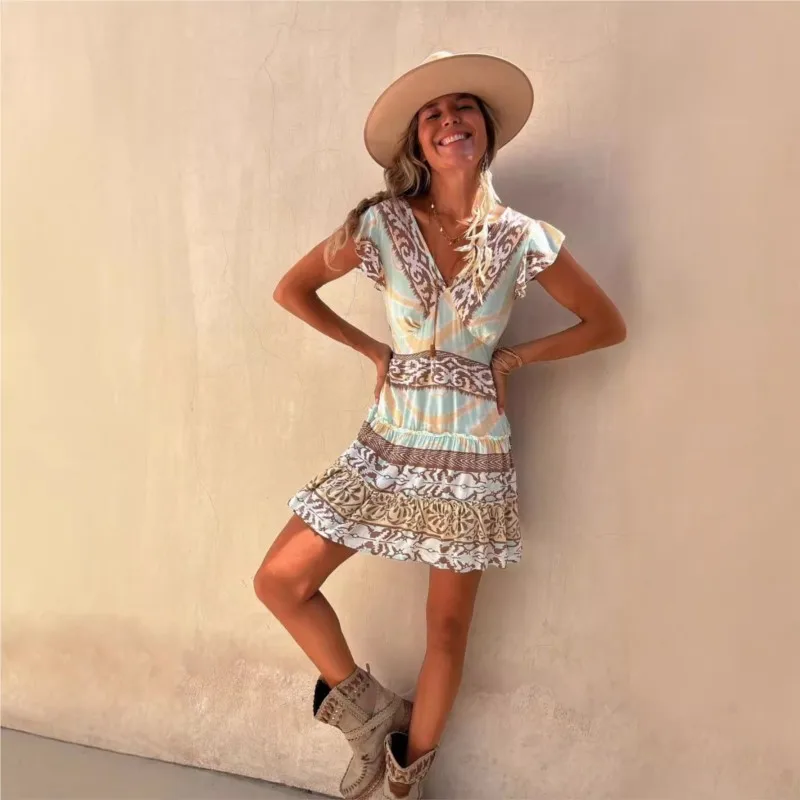 Ethnic Style Short Dress Summer 2024 New Women\'s V-neck Pullover Printed Flying Sleeves A-line Waist Cinched Women\'s Short Skirt
