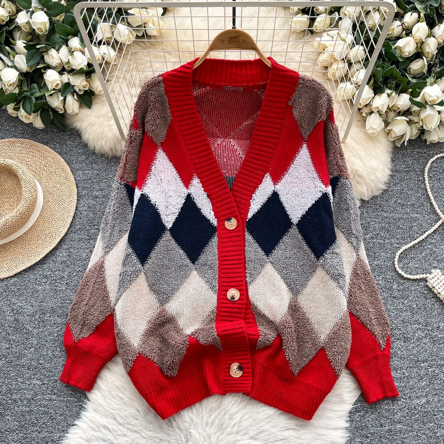 

Women Plaid Knitted Cardigan Sweater Color Blocked Jumper Patchwork Long Sleeve V Neck Single Breasted Loose Casual 2025 Autumn