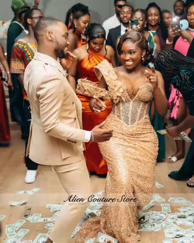 Customized Golden Black Girls Prom Dress African Beading Crystals Aso Ebi Formal Evening Party Wedding Gown Customized