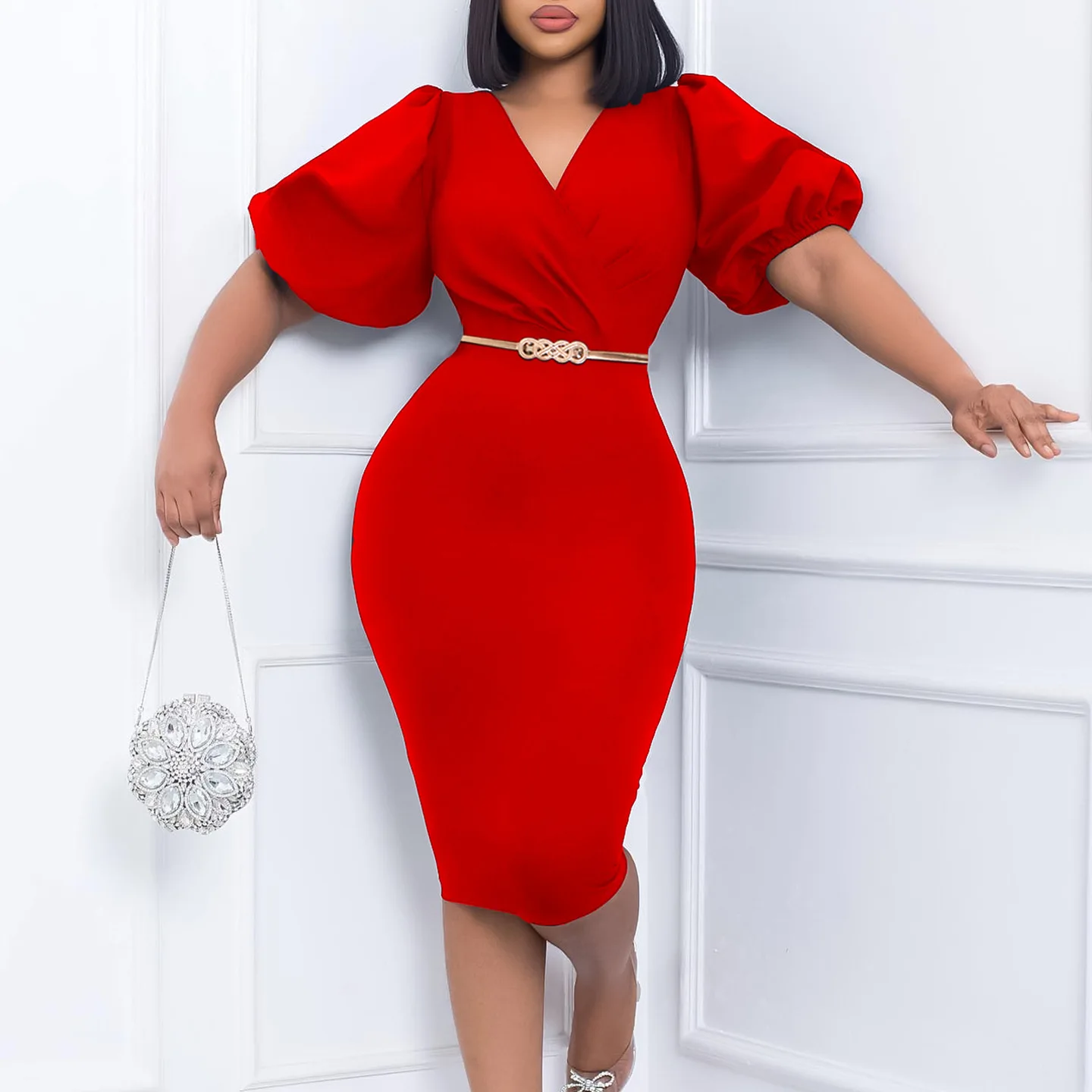 Plus Size Summer New Bubble Sleeves V-Neck Paired With Belt Slim Fit Fashion Style Commuting High Waist Wrapped Hip Dress