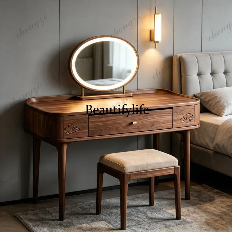 New Chinese style solid wood dressing table bedroom North American ash wood carving flower dressing table