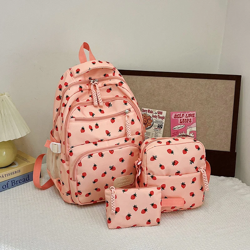 

3 шт., милый студенческий школьный рюкзак с клубникой и сумкой на ремне, рюкзак с вишневым принтом, большой вместительный дорожный рюкзак, повседневный рюкзак