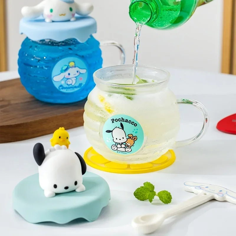 Summer 420ml Sanrios Hello Kitty Kuromi Cinnamoroll Anime Glass Mug Kawaii Coffee Milk Juice Honey Pot Water Cups With Lid Gift