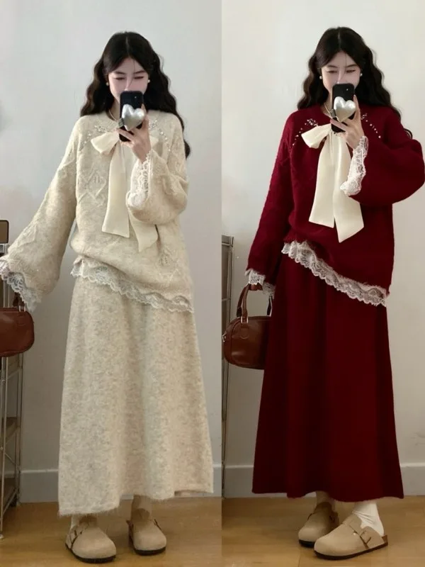 

plus Size Soft Lazy Style Women's Set Spring Knot Lace Sweater Slimming Half Skirt Two Piece Set Comfortable Warmth