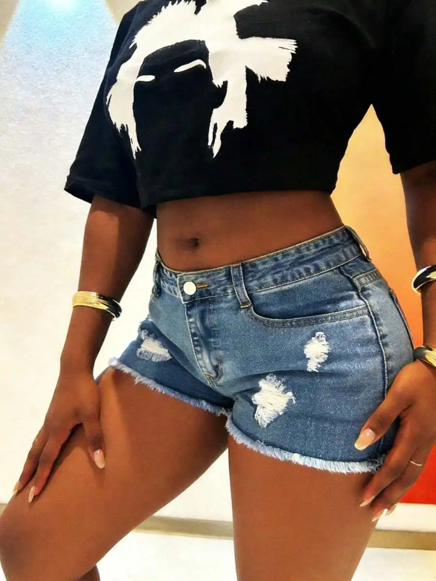

Womens Ripped Denim Shorts With Raw Hem And Pockets Straight Leg Slight Stretch Summer Casual