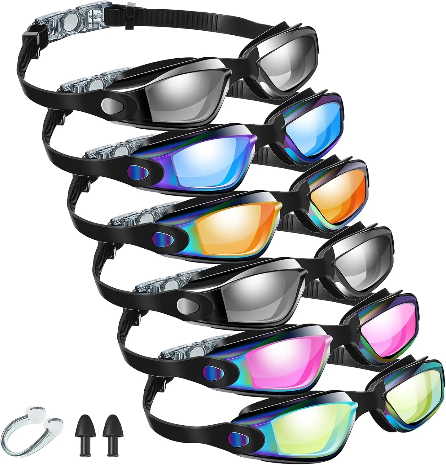 

6 pairs of adult anti-fog swimming goggles with earplugs and nose clip for leak-proof and full protection