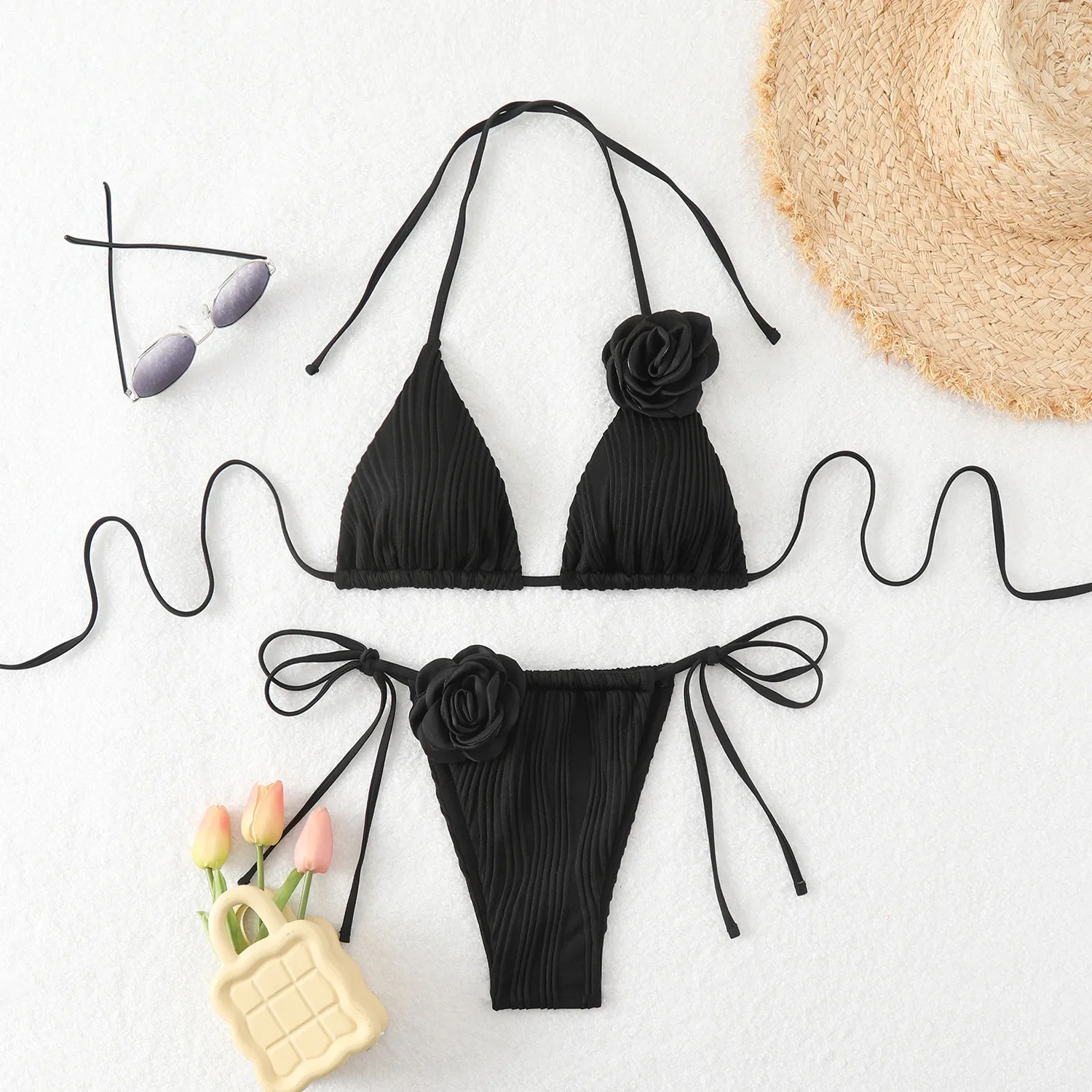 Sexy Micro Bikini Swimsuit 2024 Woman 3d Flower Swimwear Thong Bikinis Sets Brazilian Women Bathing Suit Beach Biquini Black