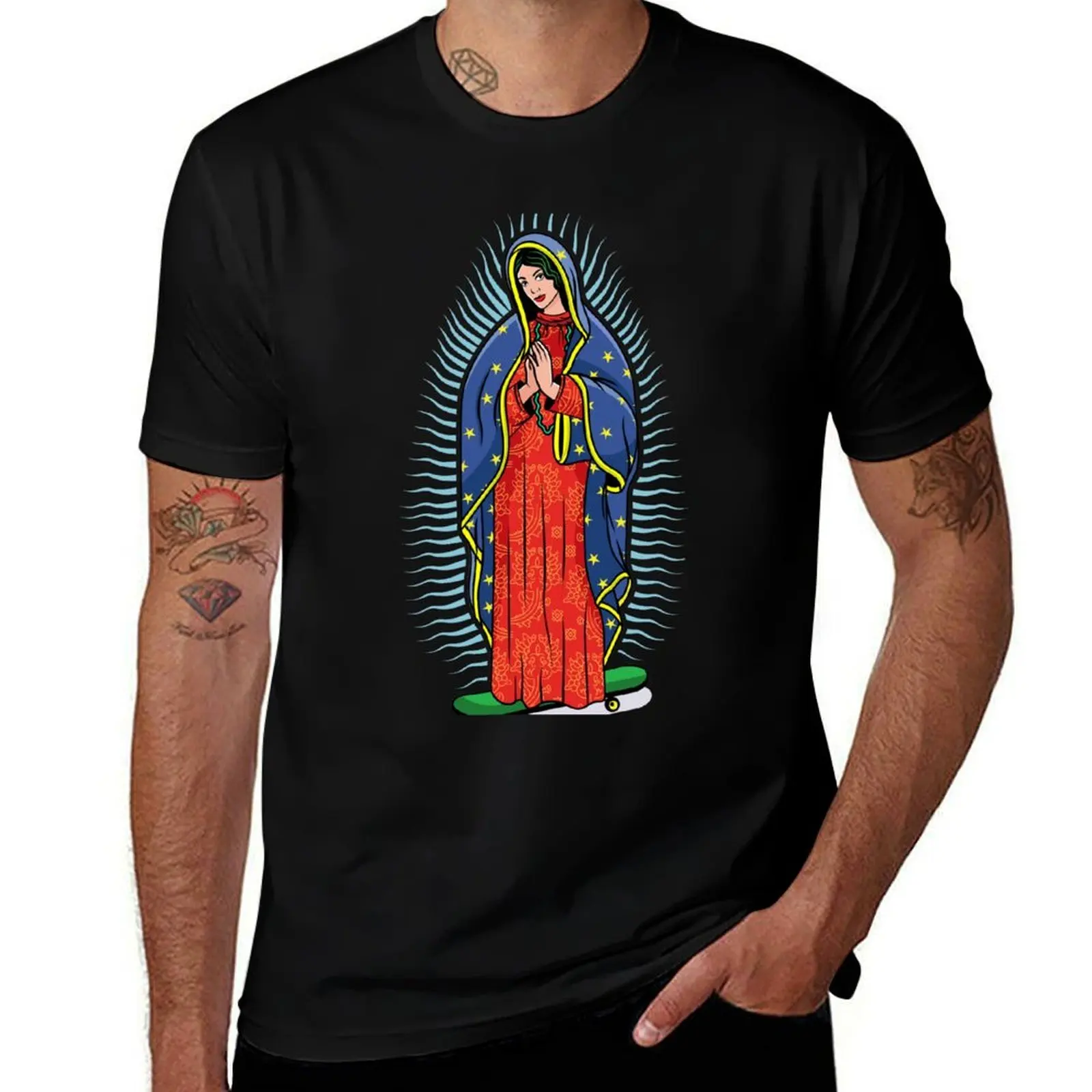 Virgin of Guadalupe on a skateboard. The Virgin Mary Vector Poster Illustration. T-Shirt Quick Dry Outdoor Sports T-Shirt