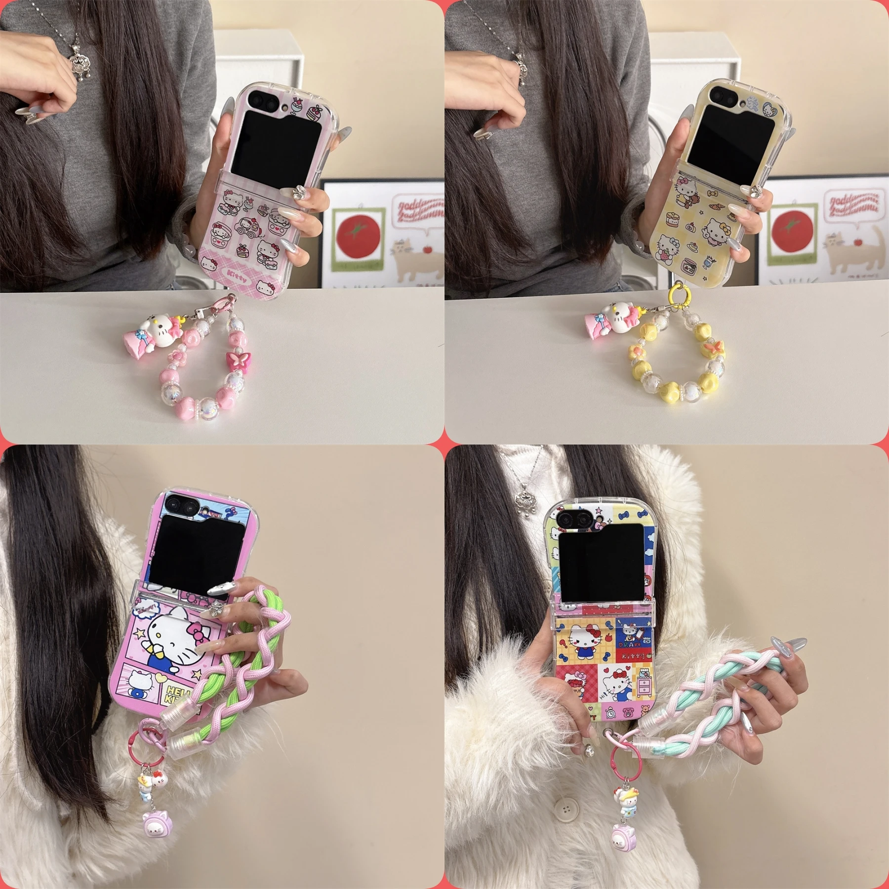 

Sanrio Comics Style Yellow Pink Hello Kitty Everyday Phone Case For Samsung Galaxy Z Flip 6/4/5/3 With Lanyard Small Waist Cover