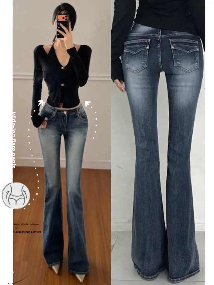 Low Waist Bell Bottom Jeans Retro Style Elastic Cotton Stretch Denim Pants Women's Spring Fashion Bell Shape Reshaping Leggings