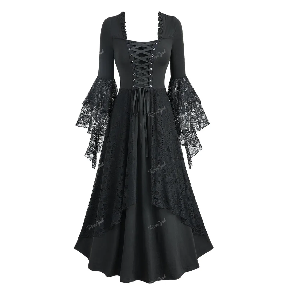 Rosegal gótico maxi vestidos novo crânio preto renda sobreposição rendas em camadas 3/4 comprimento alargamento mangas vestido feminino outono