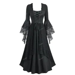 ROSEGAL Gothic Maxi Dresses New Black Skull Lace Overlay Lace-up Layered 3/4 Length Flare Sleeves Dress Women Autumn Vestidos