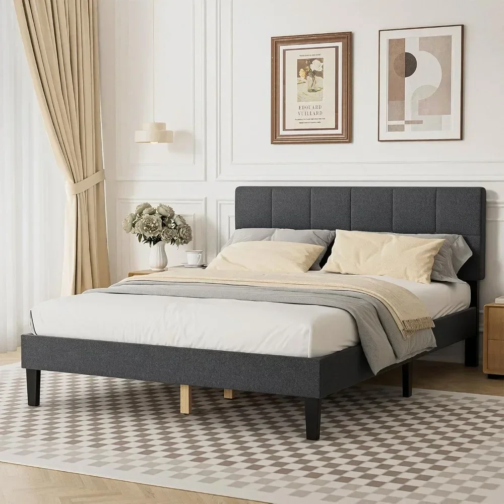

Bed Frame - Linen Upholstered Platform Bed with Headboard, No Box Spring Needed
