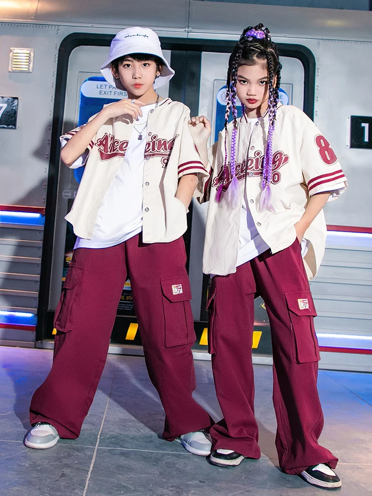 

Girls Boys Jazz Kpop Performance Clothing Streetwear 2023 Hip Hop Dance Costume Kids Baseball Shirt Rose Red Pants For