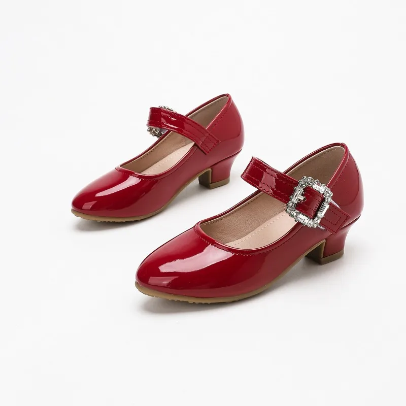 Kids Princess High Heel Shoes Chic Rhinestone Girls Catwalk Dress Leather Shoes Non-slip Perform Children's Party Shoes Red