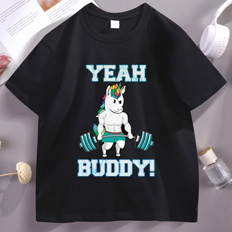 YEAH Buddy Unicorn Graphic T Shirts Cotton Short Sleeve Round Neck Printed T-shirt Loose Male Clothes Unicorn Gym Workout