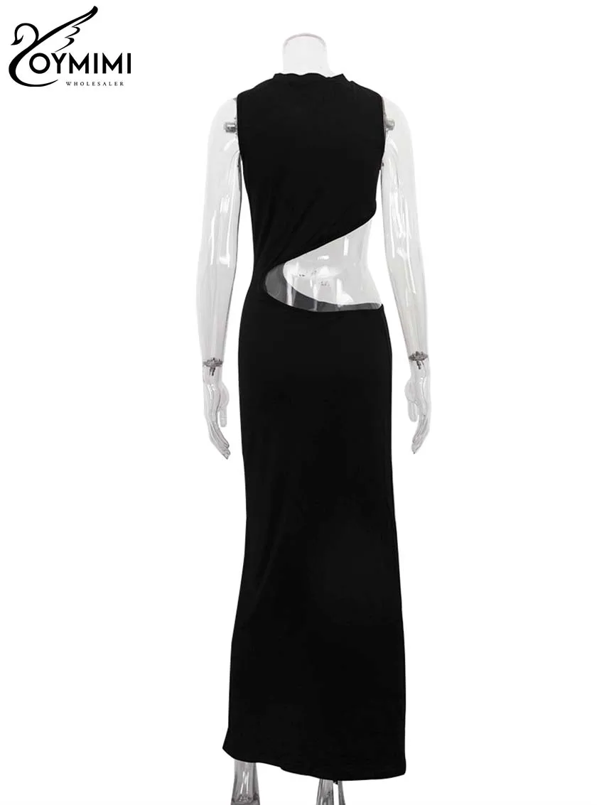 Oymimi Fashion Black O-Neck Dresses For Women 2024 Casual Sleeveless Hollow Out Slim Dresses Elegant Straight Floor-Length Dress